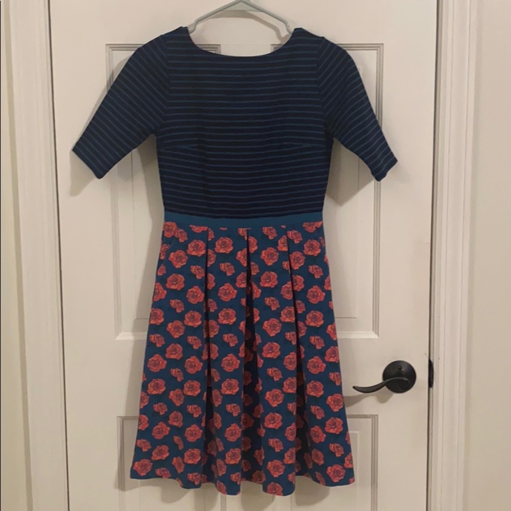 Black & Teal Striped Dress w Teal Dot & Rose Hem
